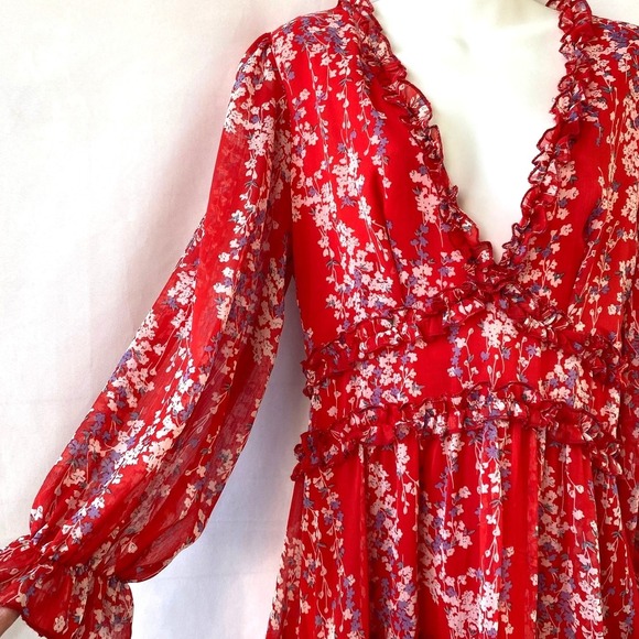Selfie Leslie Laney Floral Tiered Dress Women M Red Ruffle Babydoll Cutout Back - Picture 5 of 13